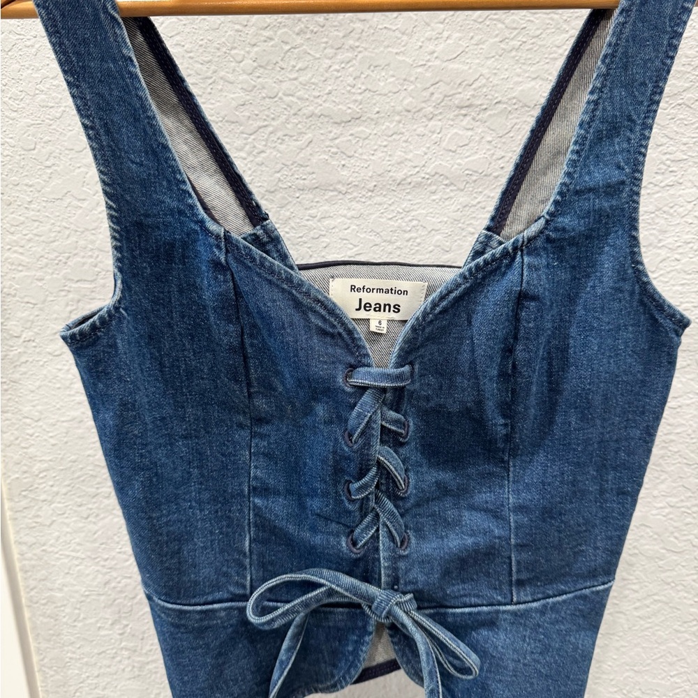 Reformation Blue Denim Overalls with Modern Distressed Finish